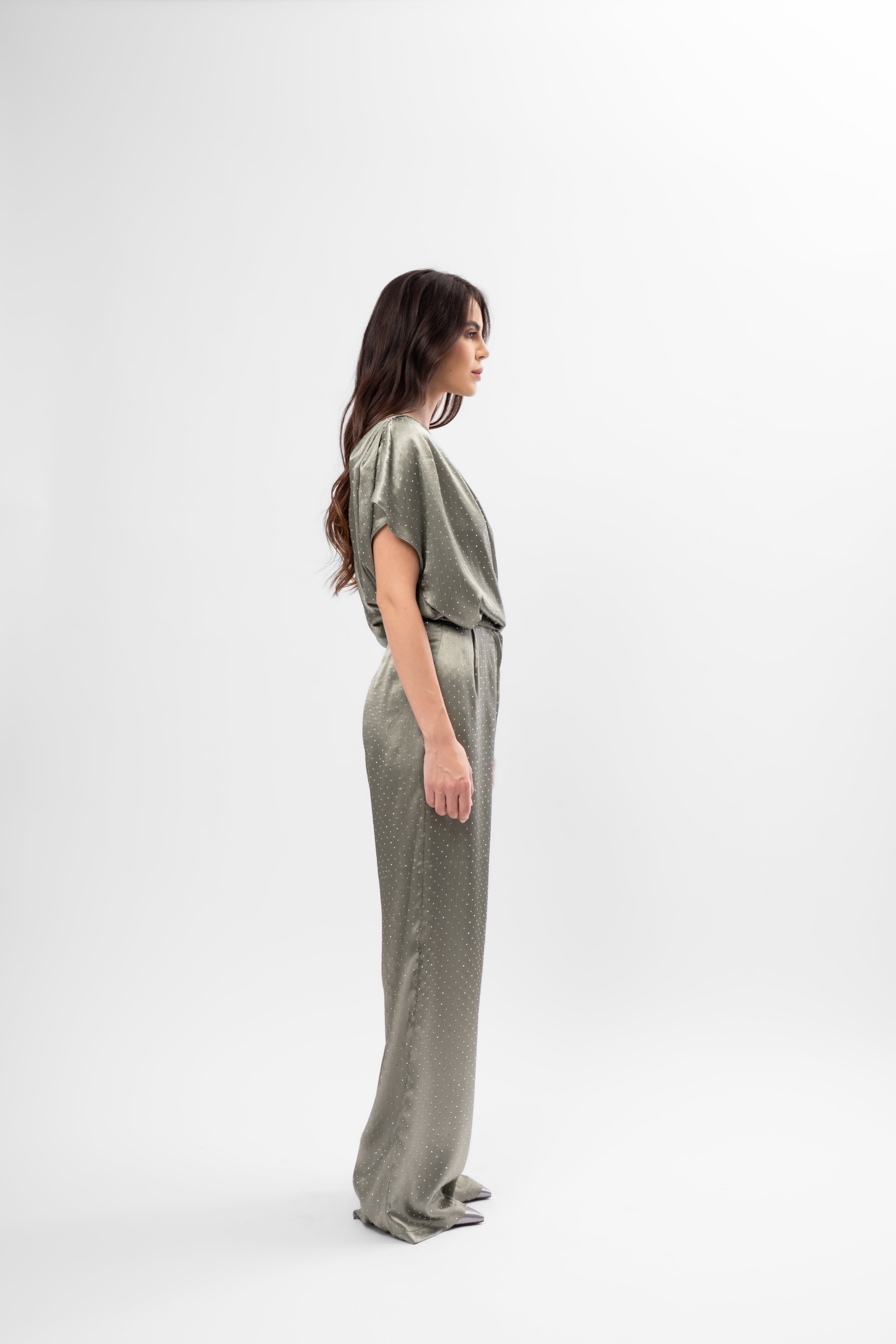 Metallic Khaki Set with Asymmetric Top and Wide-Leg Pants