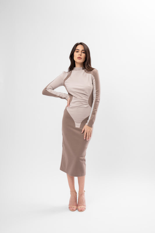 Rochie bodycon midi bicoloră taupe&crem cu guler înalt