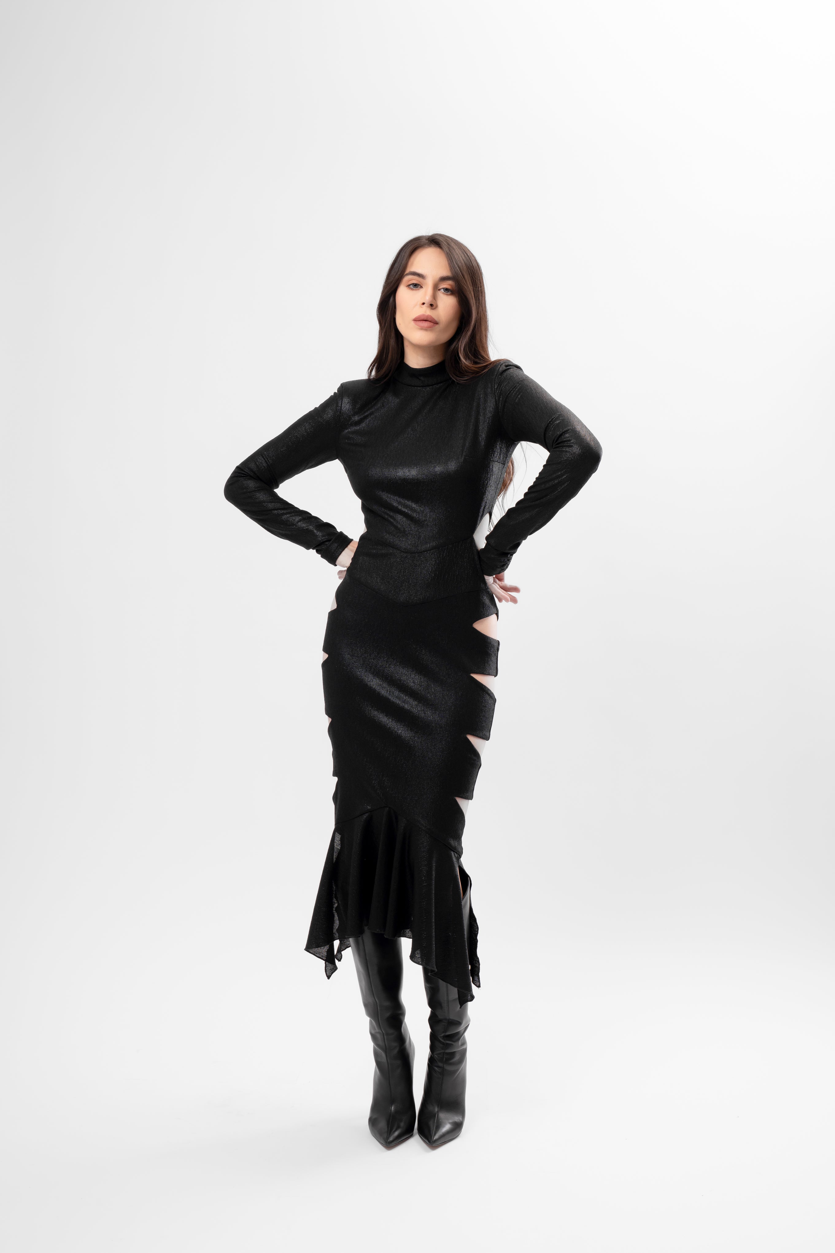 Black Metallic Midi Dress with Cut-Outs and Asymmetric Ruffle Hem