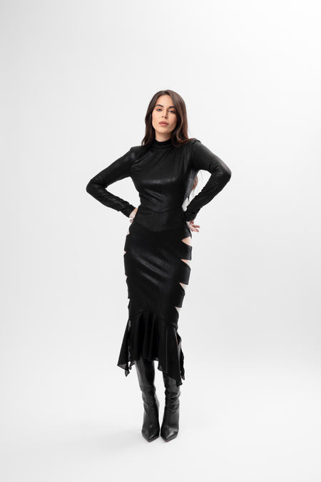 Rochie Midi cu Decupaje și Volan Asimetric Culoare negru Metalizat