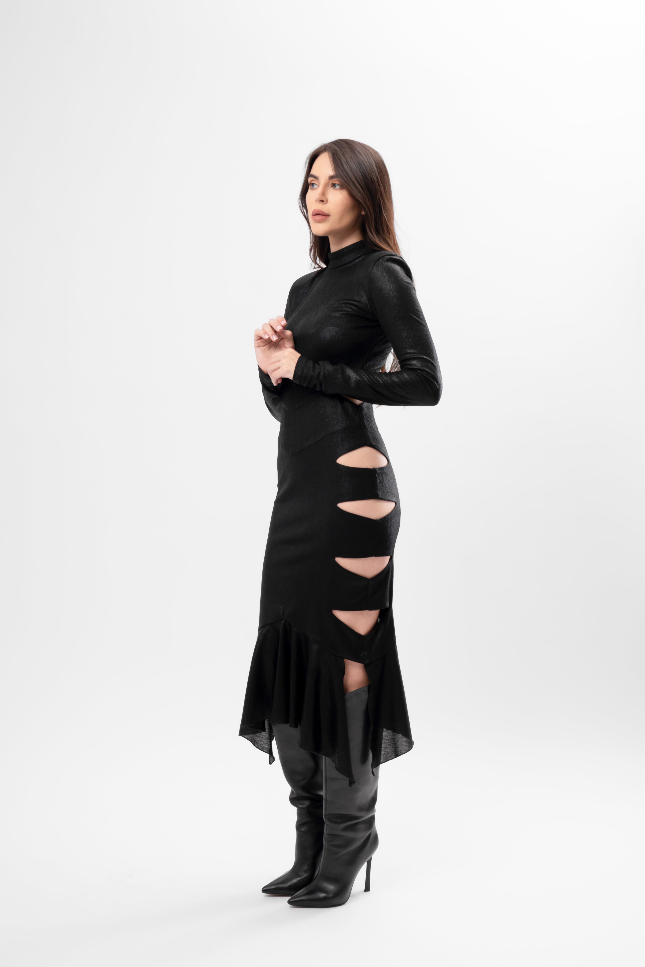 Black Metallic Midi Dress with Cut-Outs and Asymmetric Ruffle Hem