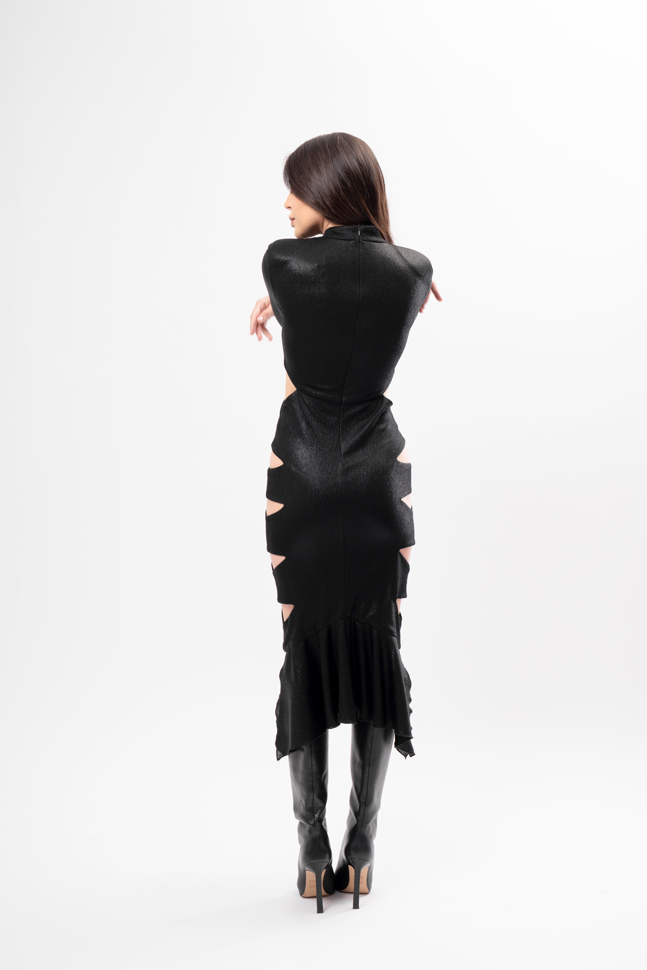 Rochie Midi cu Decupaje și Volan Asimetric Culoare negru Metalizat