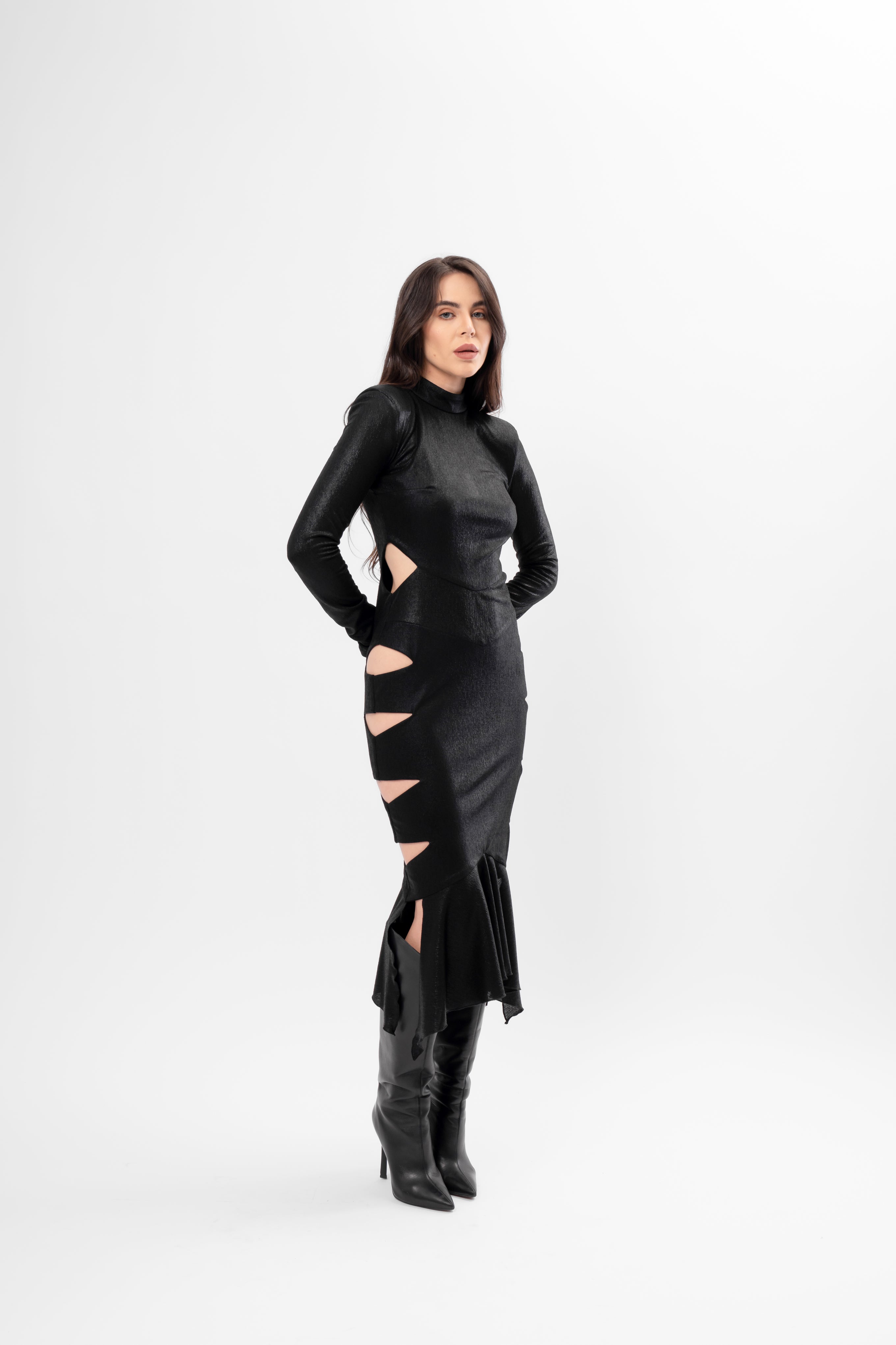 Rochie Midi cu Decupaje și Volan Asimetric Culoare negru Metalizat