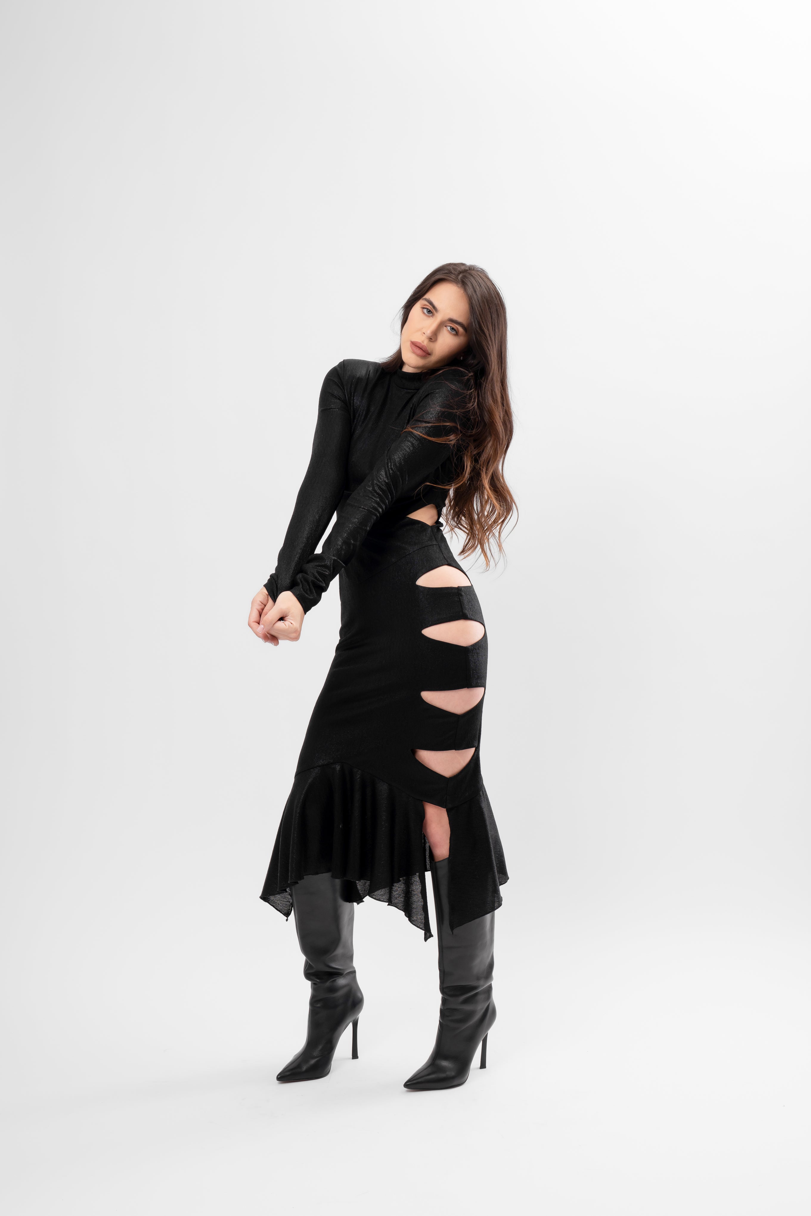 Rochie Midi cu Decupaje și Volan Asimetric Culoare negru Metalizat