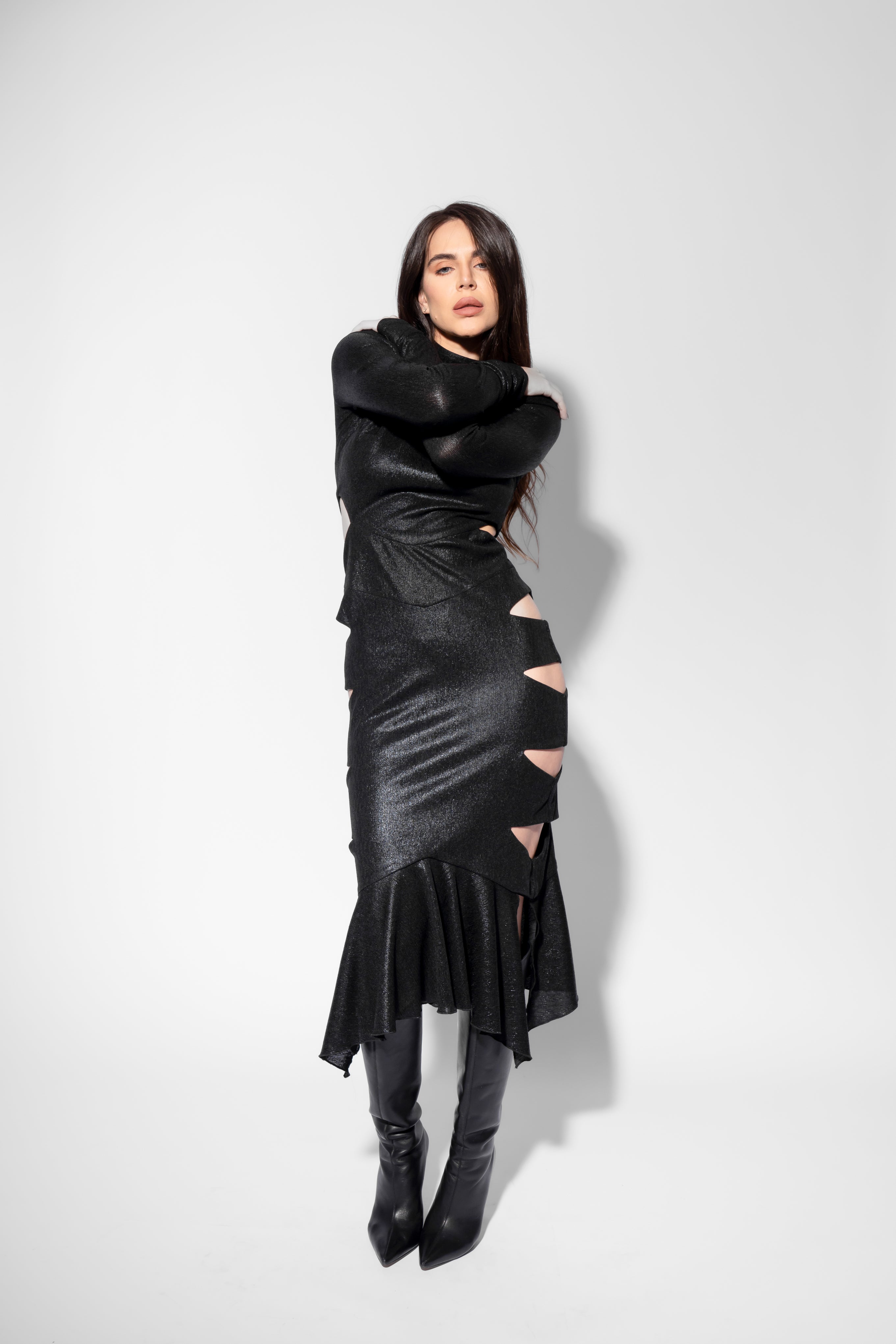 Rochie Midi cu Decupaje și Volan Asimetric Culoare negru Metalizat