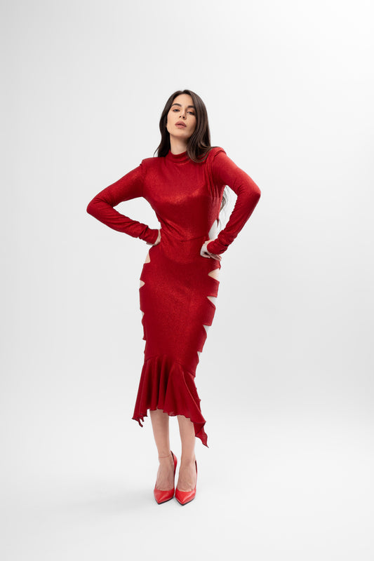 Rochie Midi cu Decupaje și Volan Asimetric Culoare Roșu Metalizat