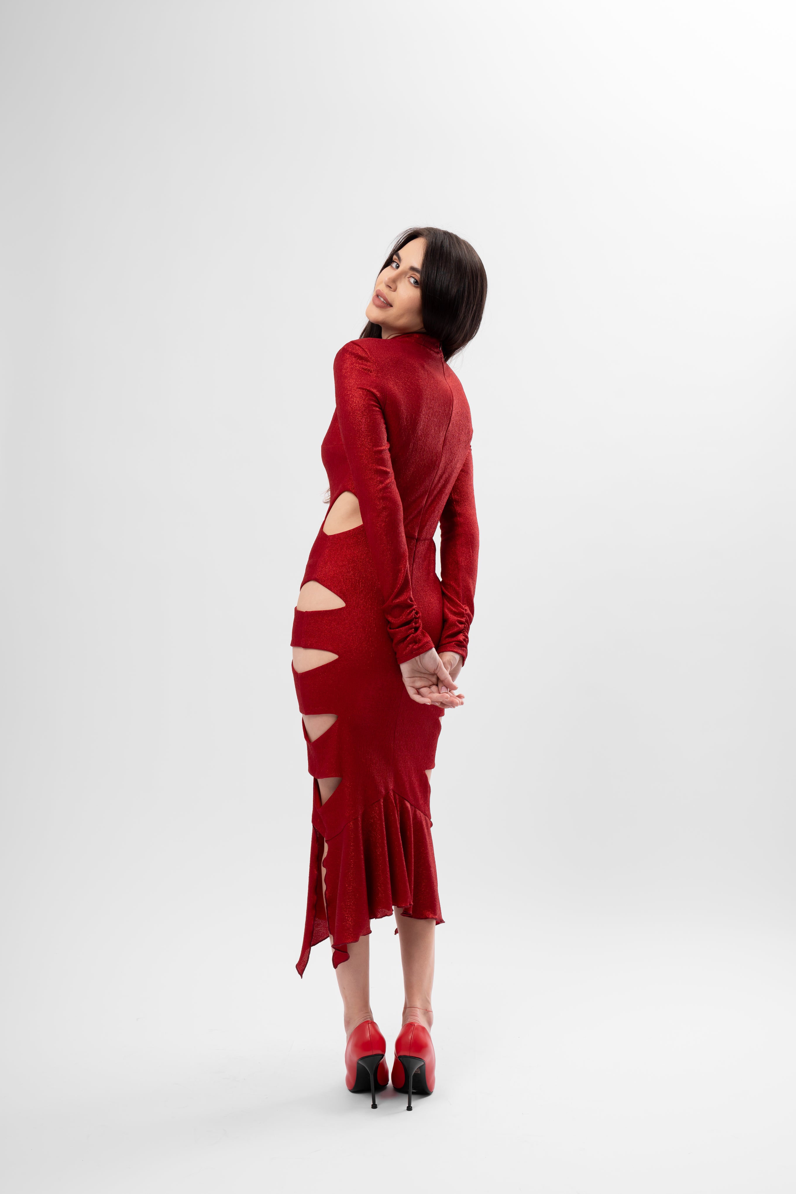 Metallic Red Midi Dress with Cut-Outs and Asymmetric Ruffle Hem