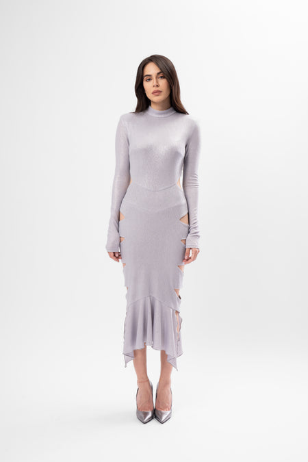 Metallic Grey Midi Dress with Cut-Outs and Asymmetric Ruffle Hem
