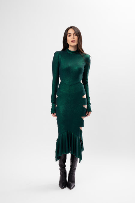 Rochie Midi cu Decupaje și Volan Asimetric Culoare verde Metalizat