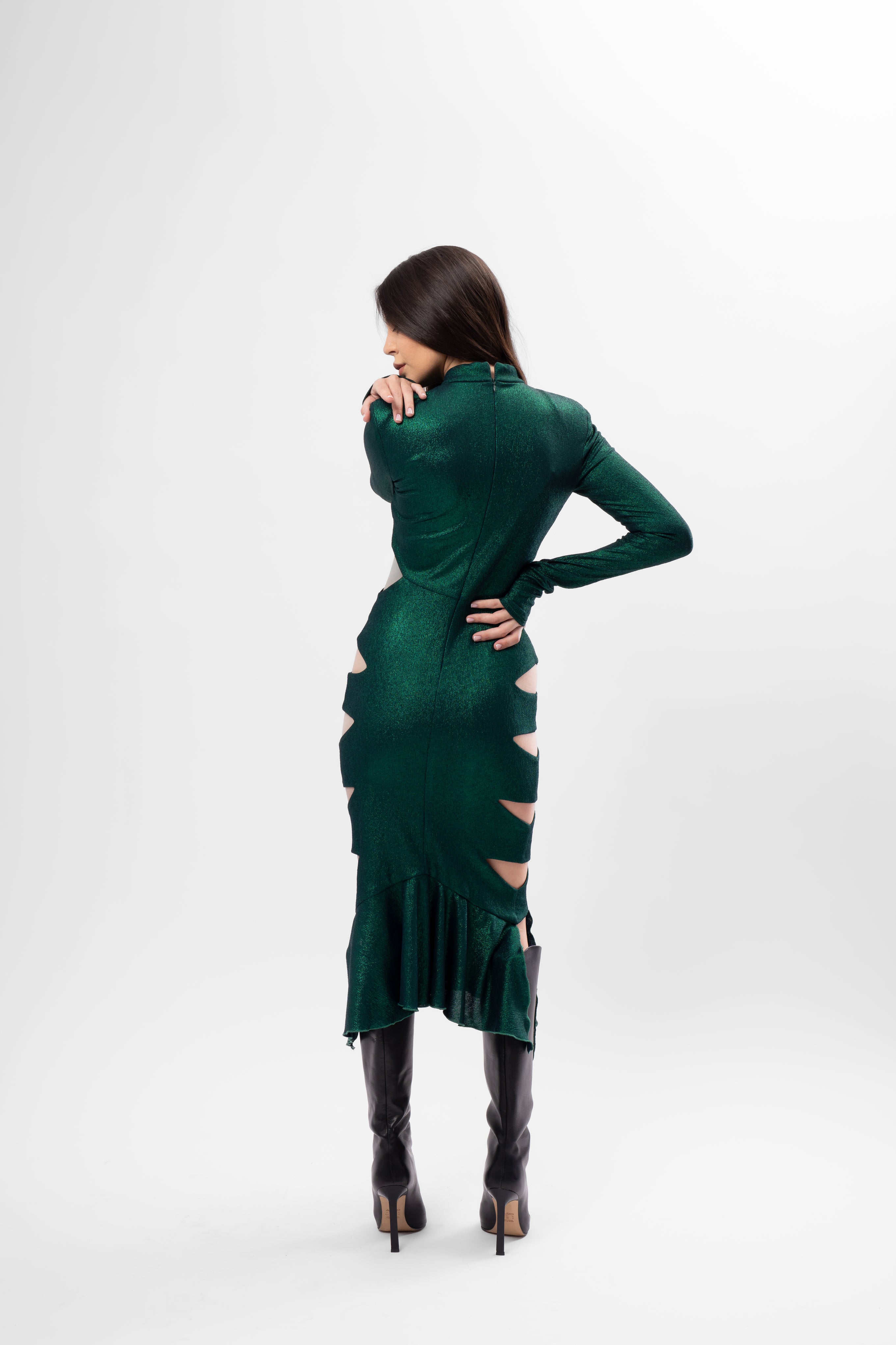 Emerald Green Metallic Midi Dress with Cut-Outs and Asymmetric Ruffle Hem