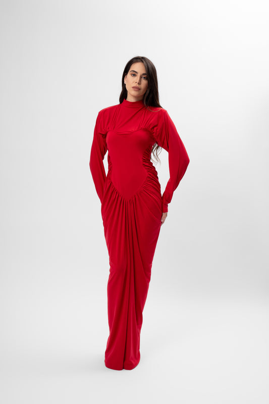 Long Red Dress with Heart-Shaped Detail
