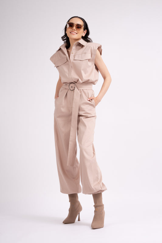 Beige sleeveless cargo jumpsuit