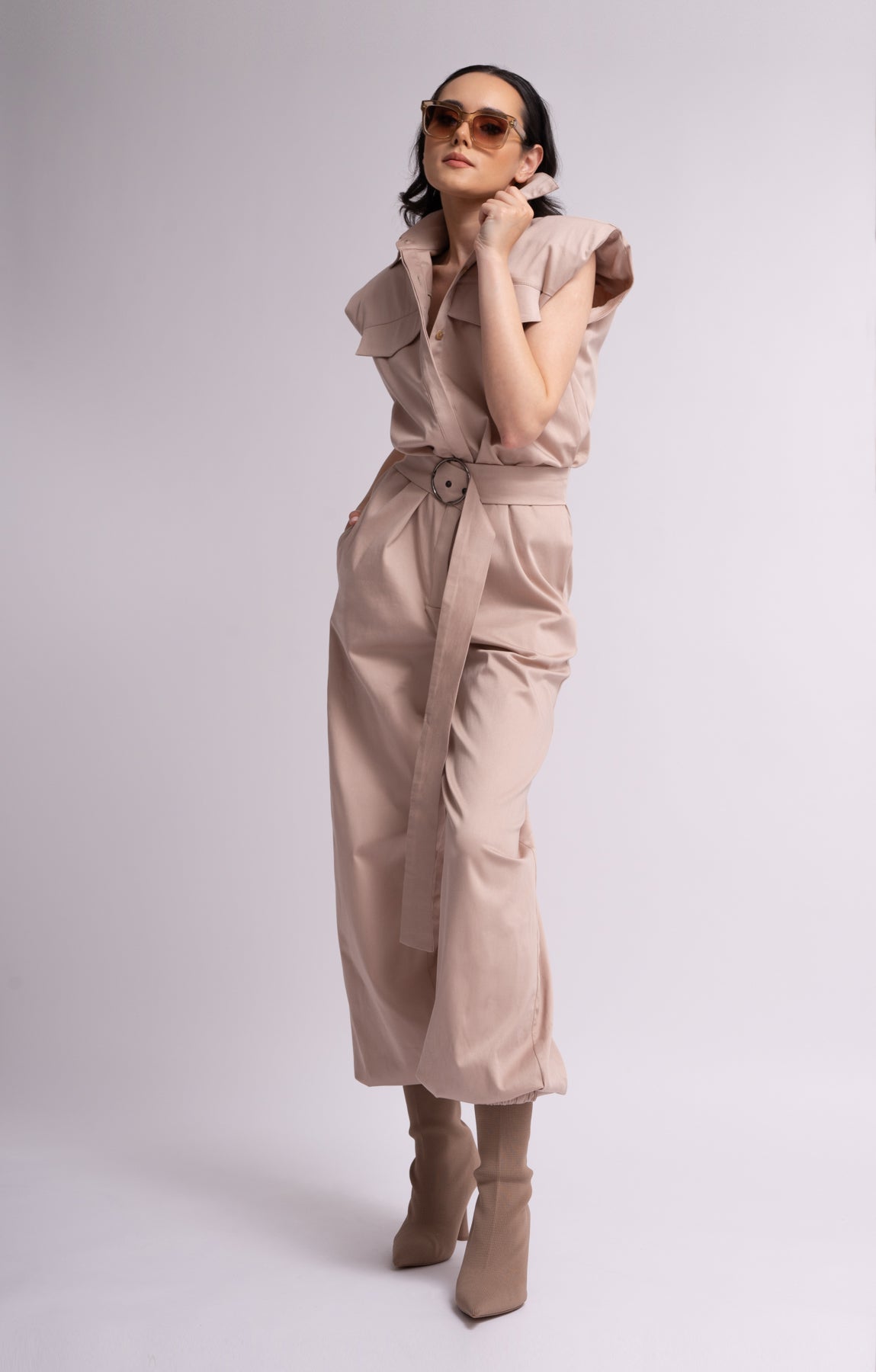 Beige sleeveless cargo jumpsuit
