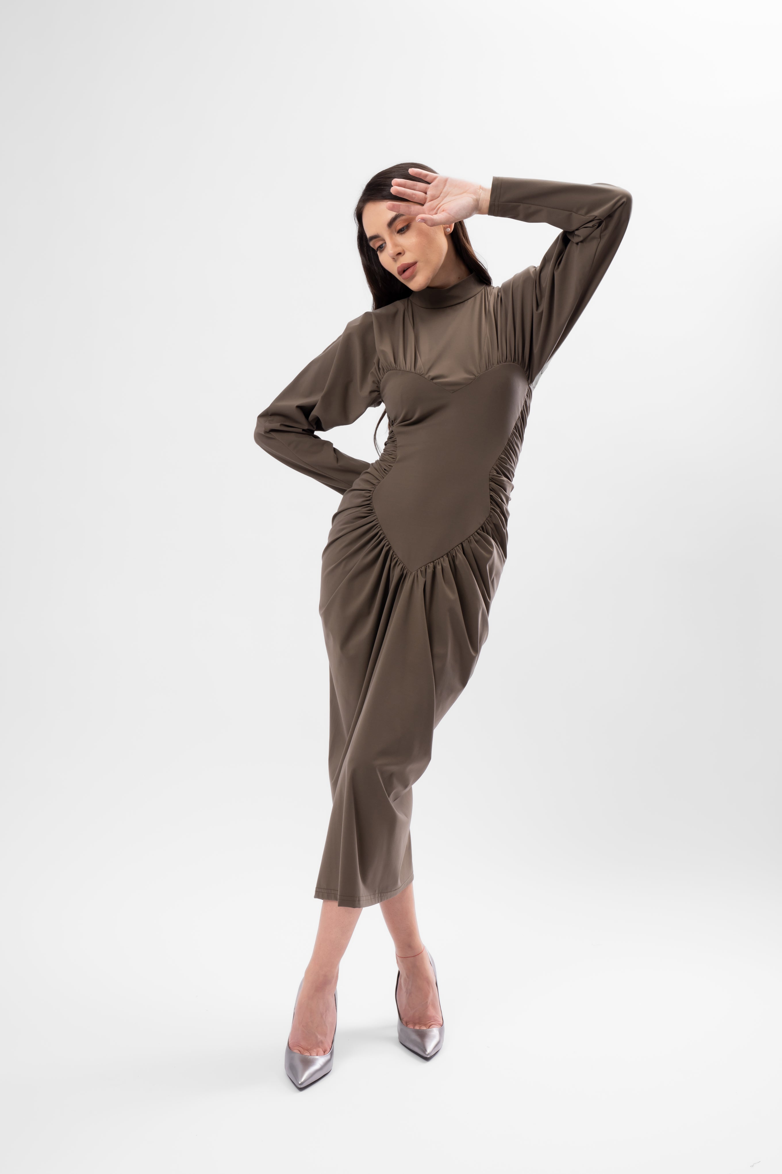 Khaki Midi Dress with Heart-Shaped Detail