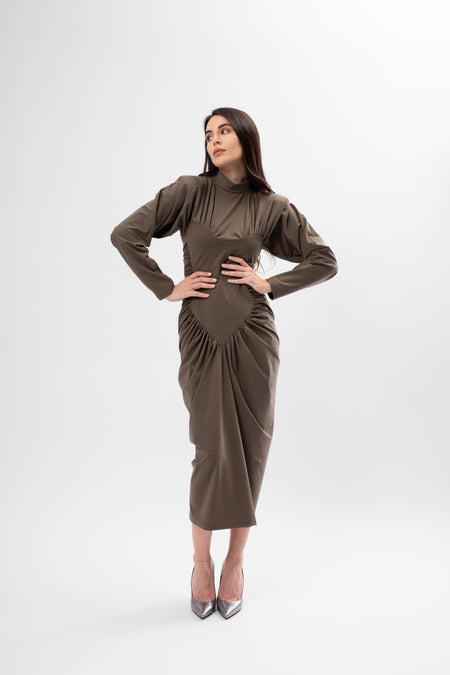 Khaki Midi Dress with Heart-Shaped Detail