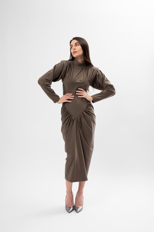 Khaki Midi Dress with Heart-Shaped Detail