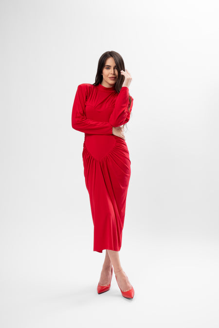 Red Midi Dress with Heart-Shaped Detail