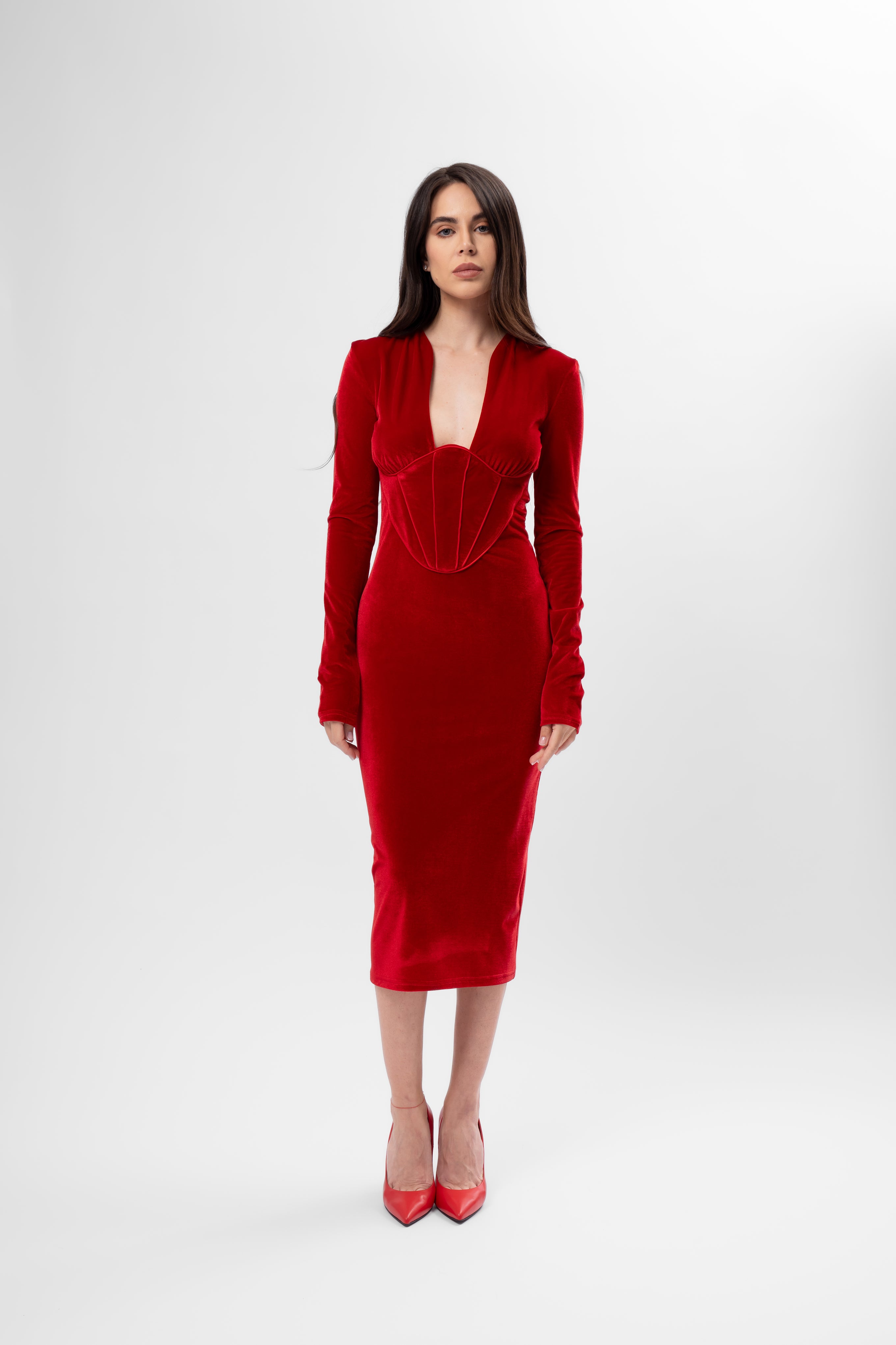 Rochie roșie din catifea cu corset