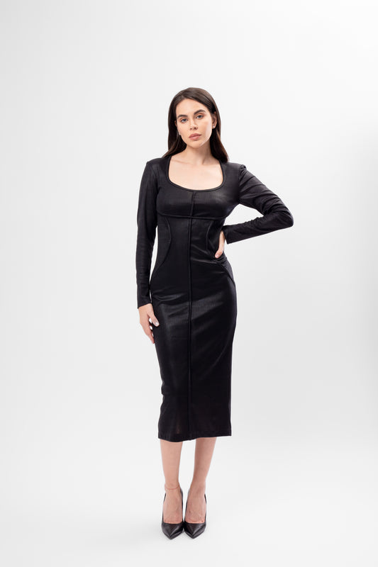 Rochie neagră midi din material metalizat