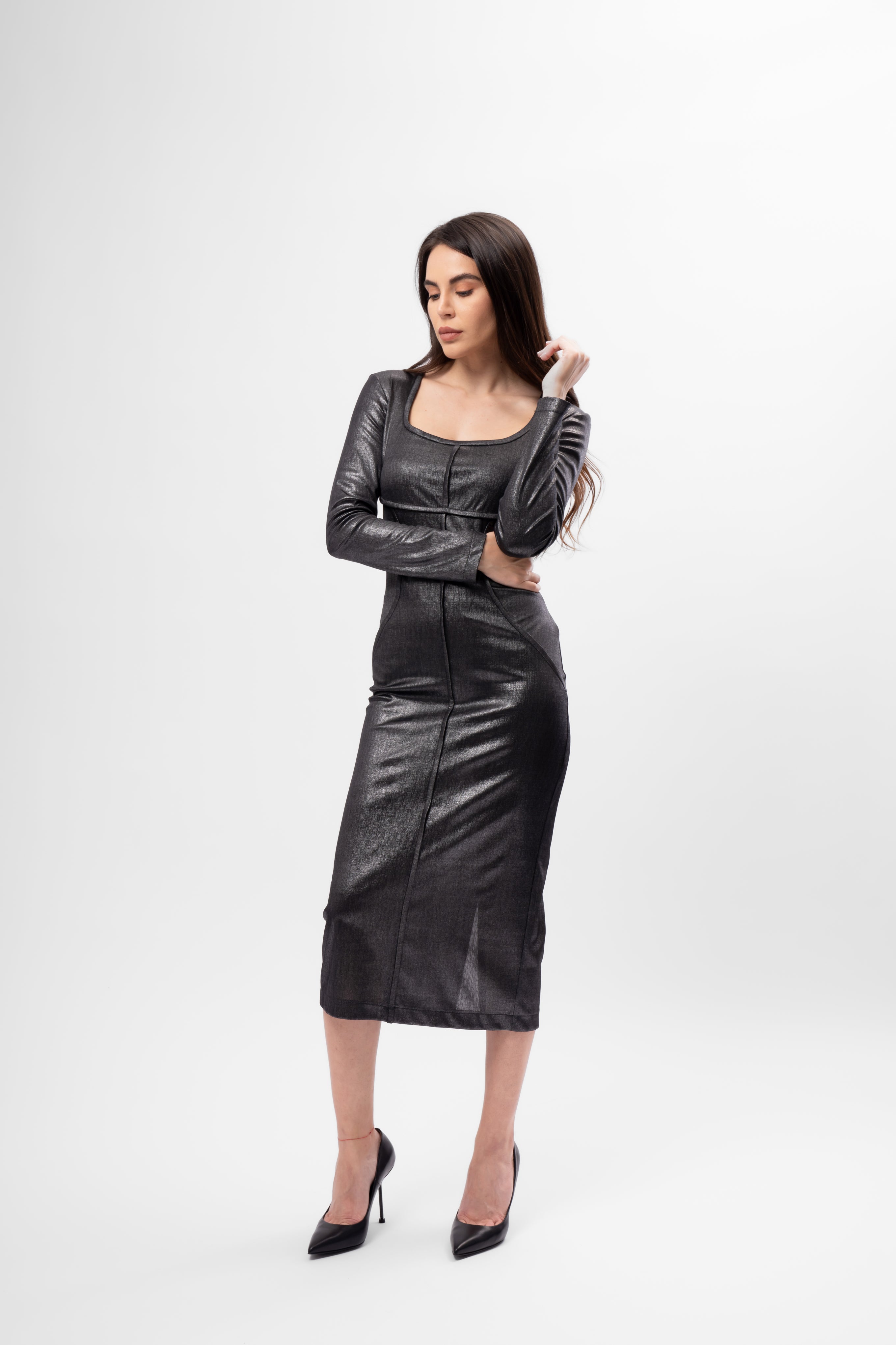 Metallic Grey Midi Dress