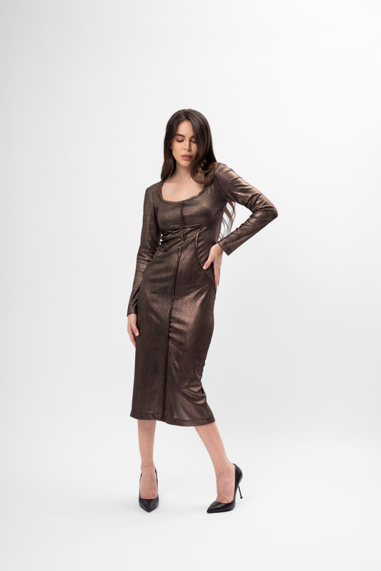 Rochie midi bronz metalizat