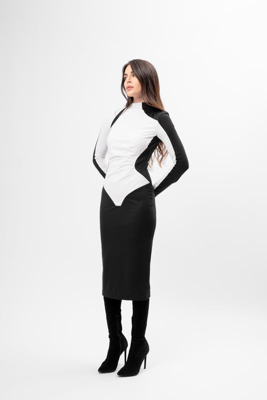 Rochie bodycon midi bicoloră alb-negru cu guler înalt