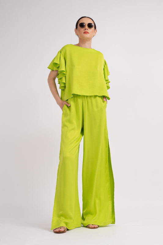 Compleu verde neon cu tricou si pantaloni cu slituri