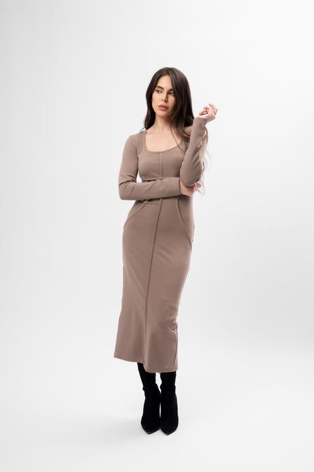 Taupe beige Bodycon dress with square neckline