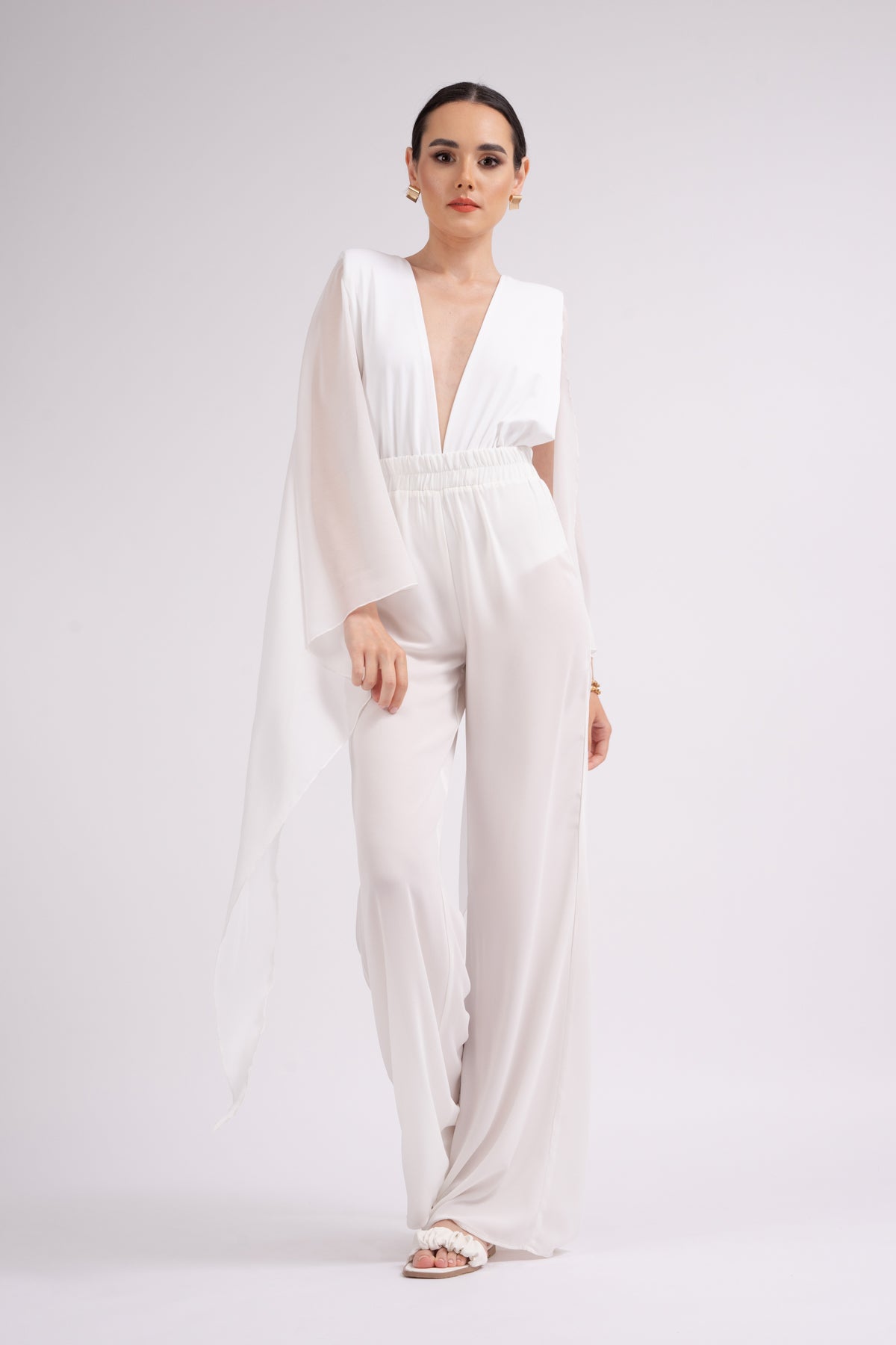 Body alb cu maneci din voal