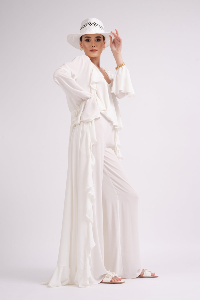 Ensemble blanc avec kaftan à volants