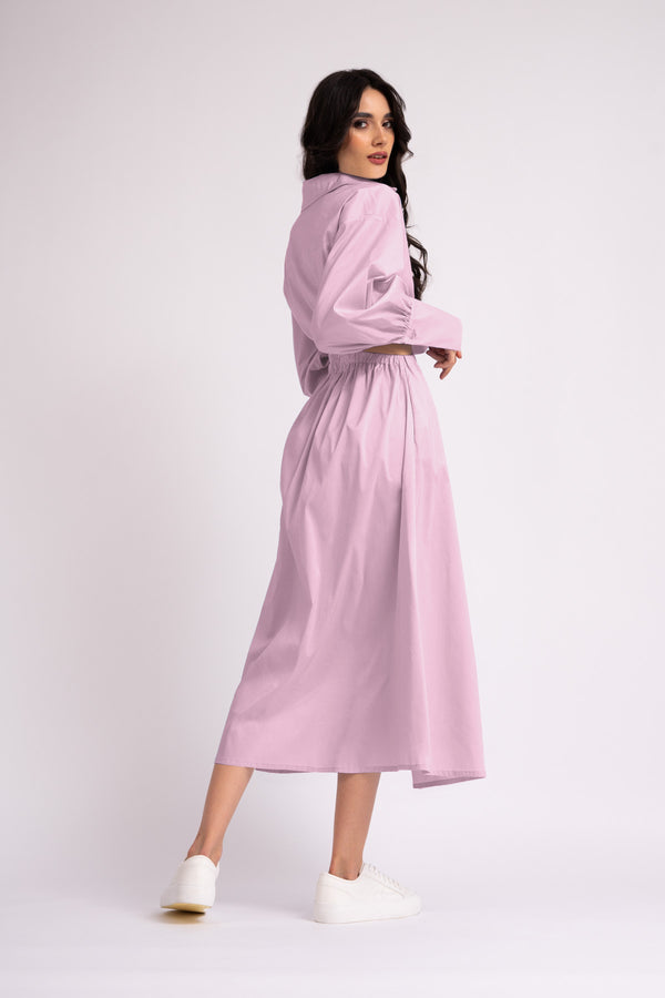 Pastel pink midi shirt dress with waist cut-out