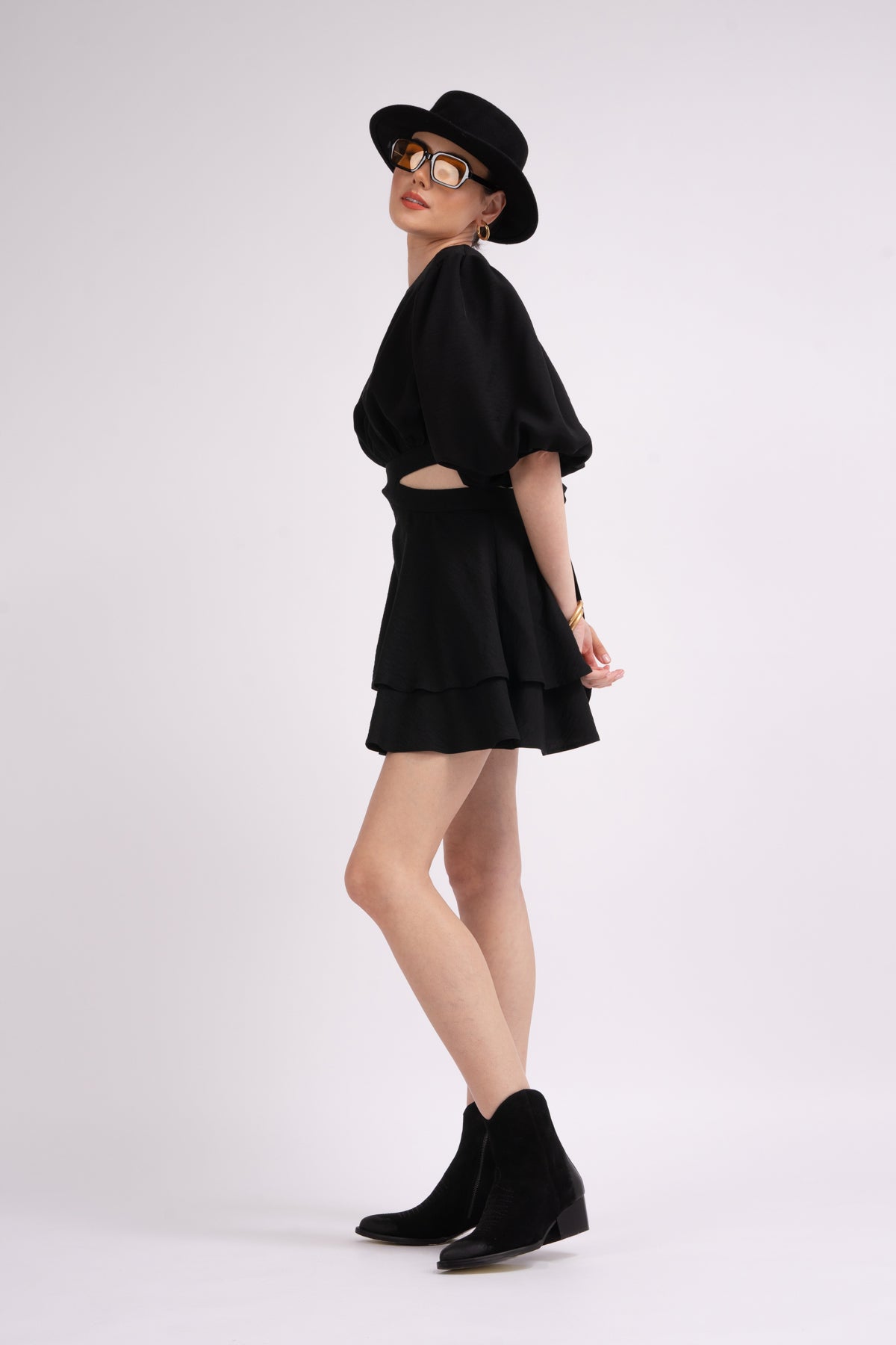 Black mini dress with cut-out and raglan sleeves