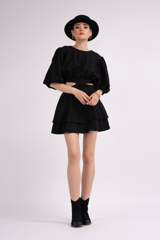 Black mini dress with cut-out and raglan sleeves