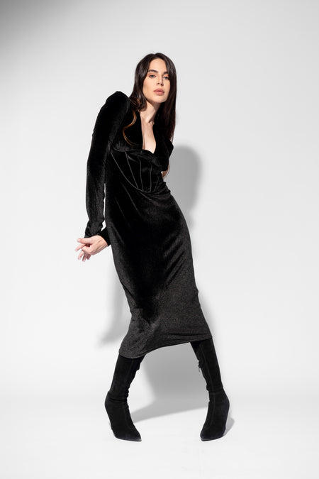 Rochie midi neagra din catifea cu corset