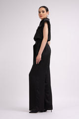 Black maxi jumpsuit with oversized shoulders