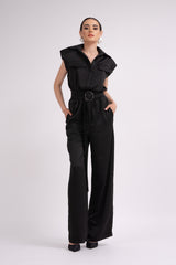 Black maxi jumpsuit with oversized shoulders