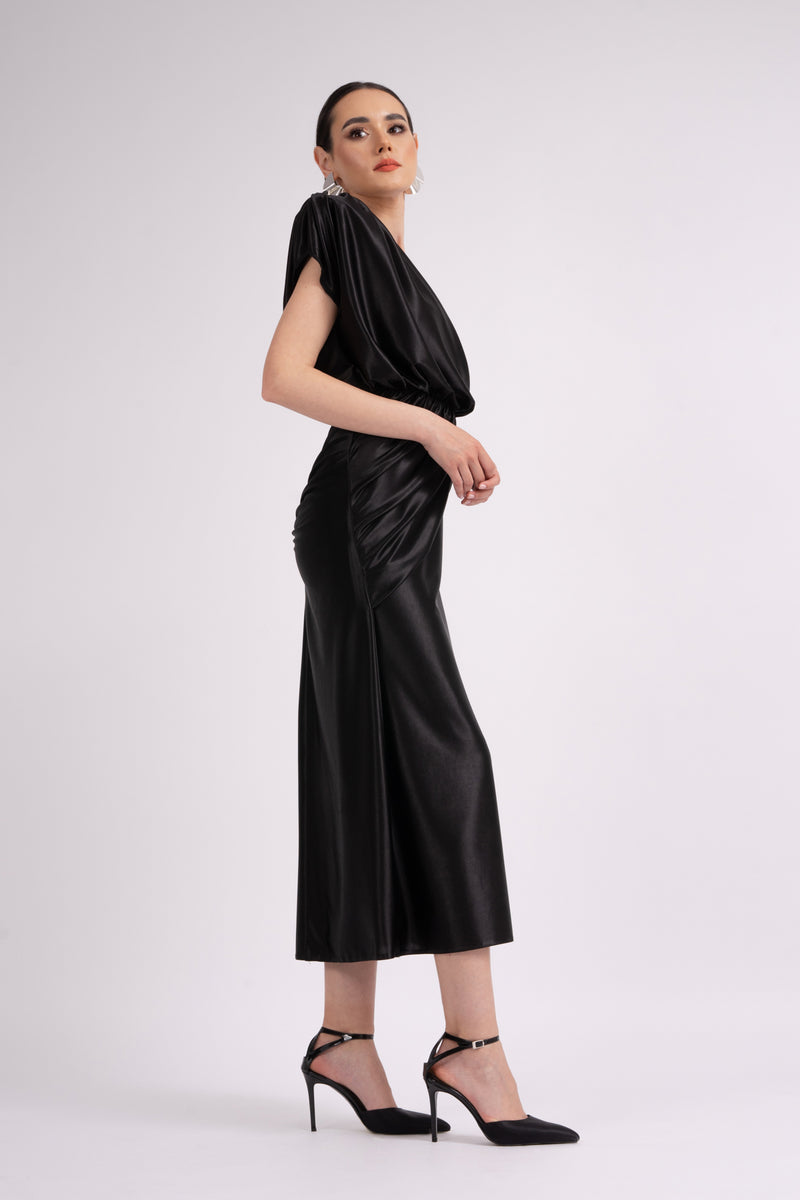Midi black dress with one draped shoulder