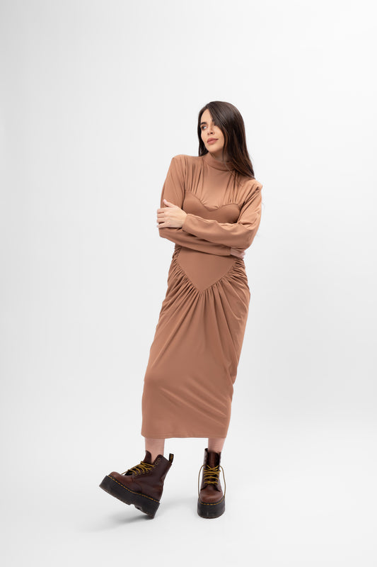 Beige Midi Dress with Heart-Shaped Detail