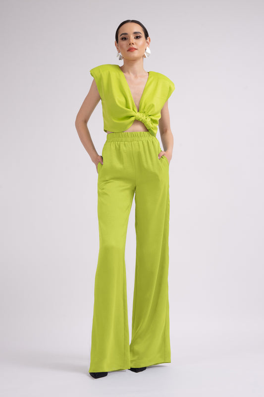 Set Verde Neon cu Top cu Nod si Pantaloni Wide Leg