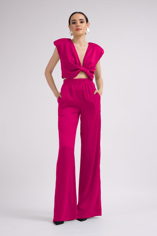 Set Fuchsia cu Top cu Nod si Pantaloni Wide Leg