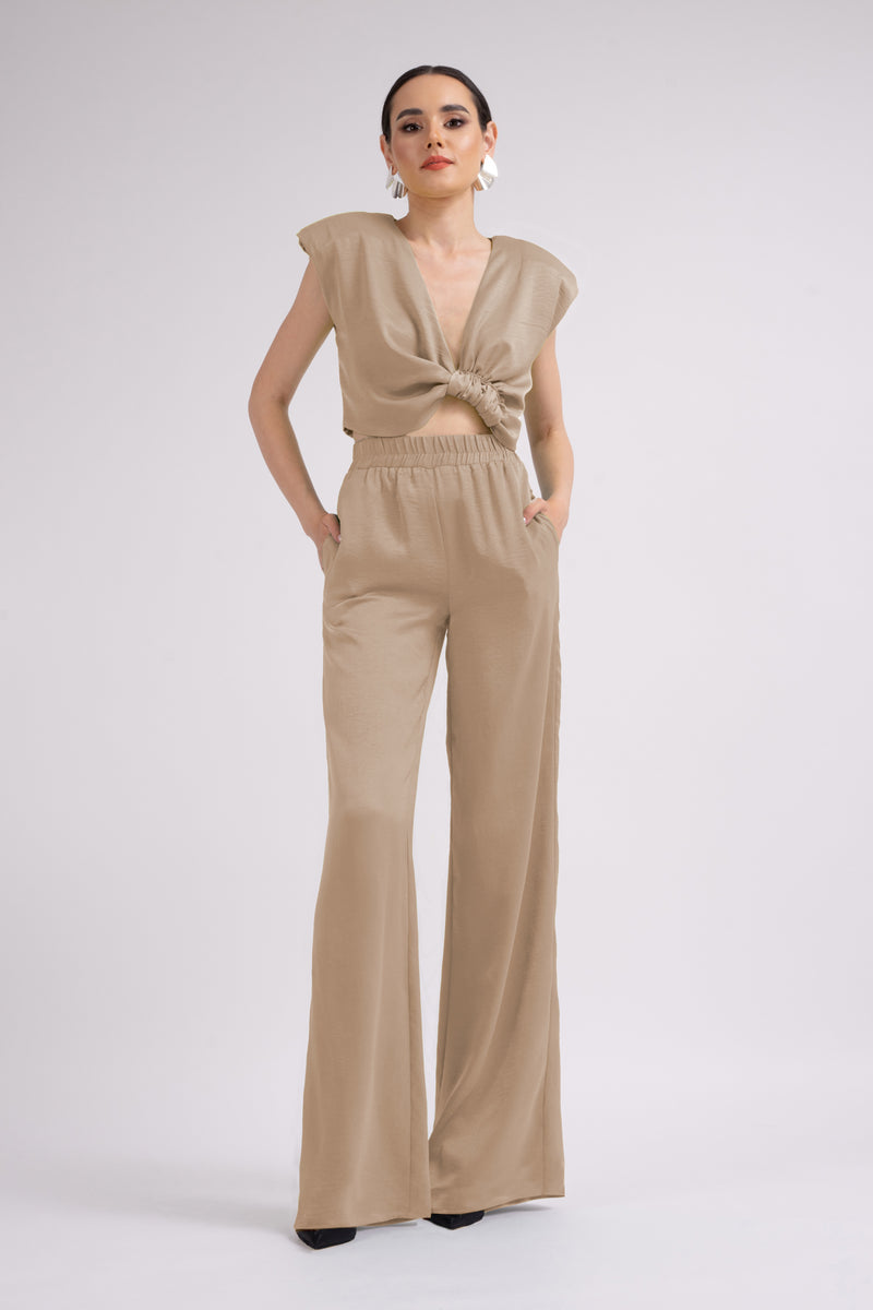 Beige Set With Top With Knot And Wide Leg Trousers