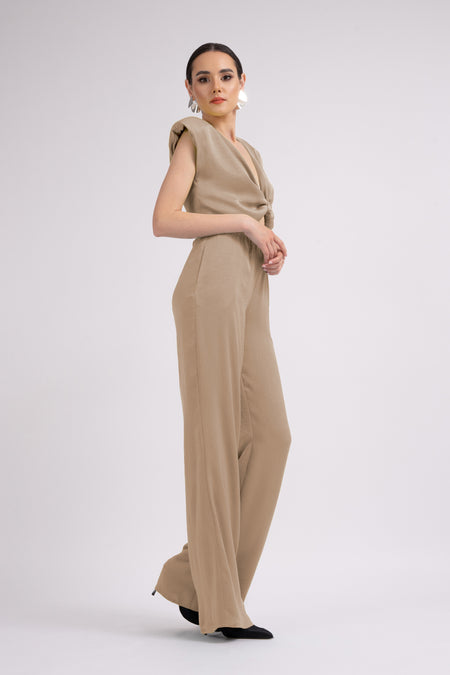 Beige Set With Top With Knot And Wide Leg Trousers