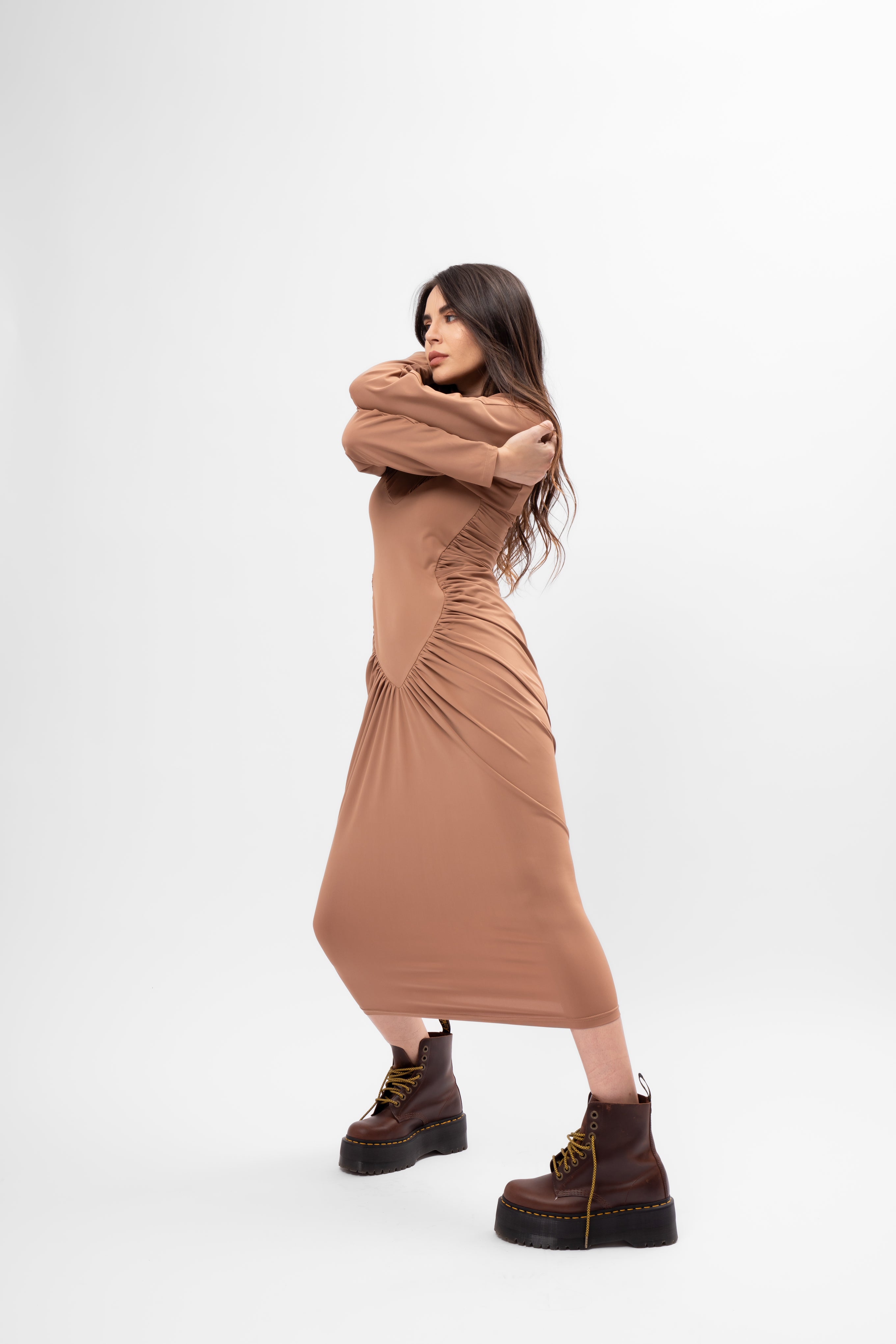 Beige Midi Dress with Heart-Shaped Detail