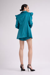 Taffeta turquoise suit with sharped shoulders blazer