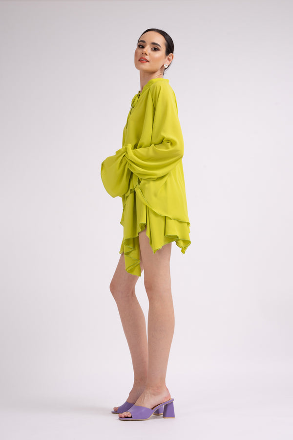 Neon green set with shirt and asymmetrical skirt