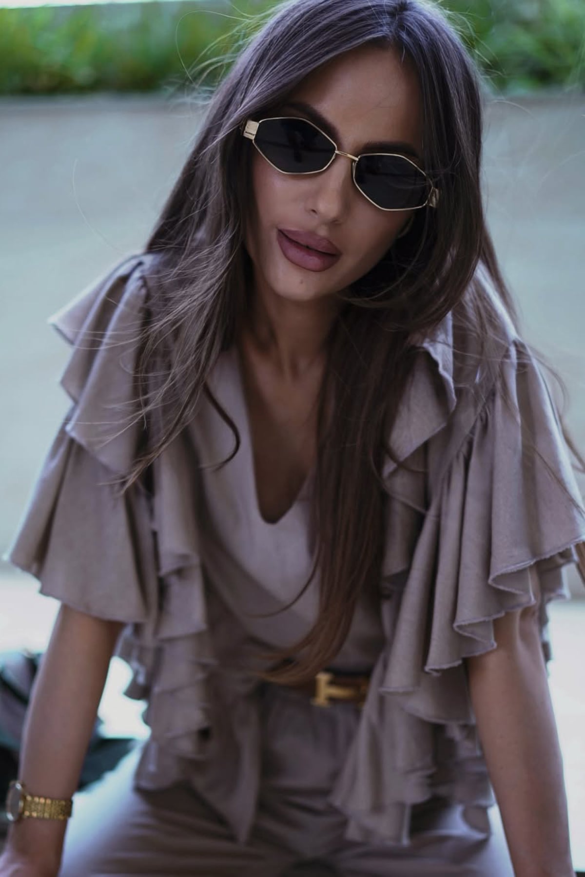 Olive linen set with ruffle top, V-neckline and flared pants