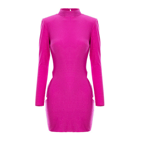 Rochie mini fuchsia cu mâneci lungi și nervuri