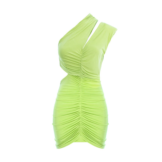 Lime Goddess One-Shoulder Ruched Mini Dress