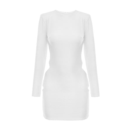 Rochie mini albă cu mânecă lungă și guler rotund