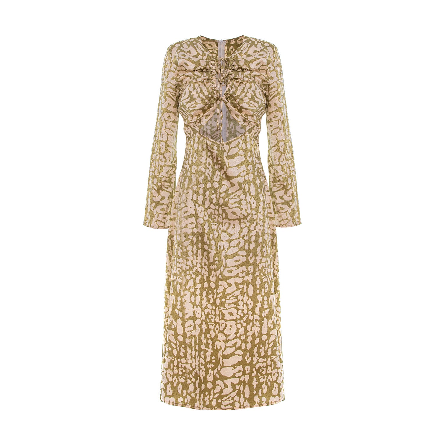 Rochie midi cu imprimeu de șarpe măsliniu și mâneci clopot